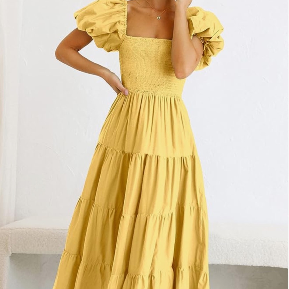 Yellow Puff Sleeve Midi Dress